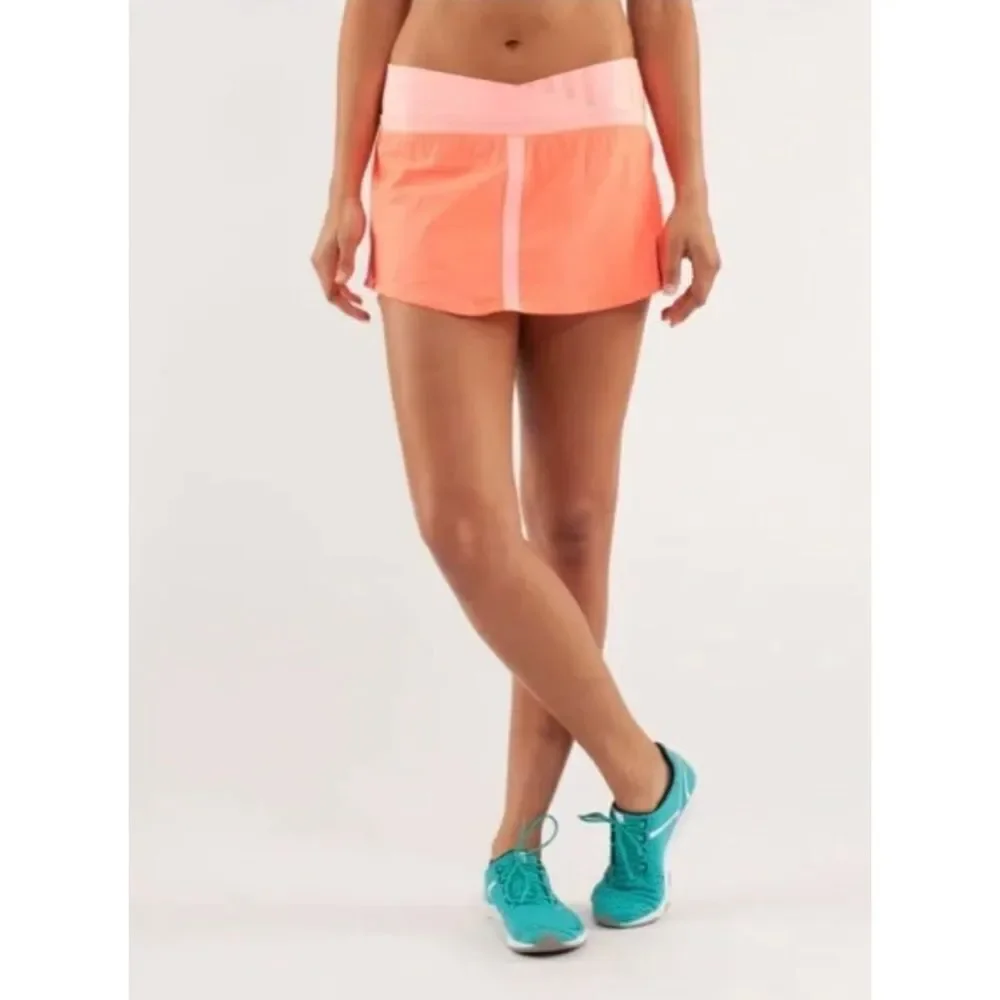 Lululemon Run Pace Skirt Pop Orange Pink Bleached Coral Ocean Stripe Sz 8